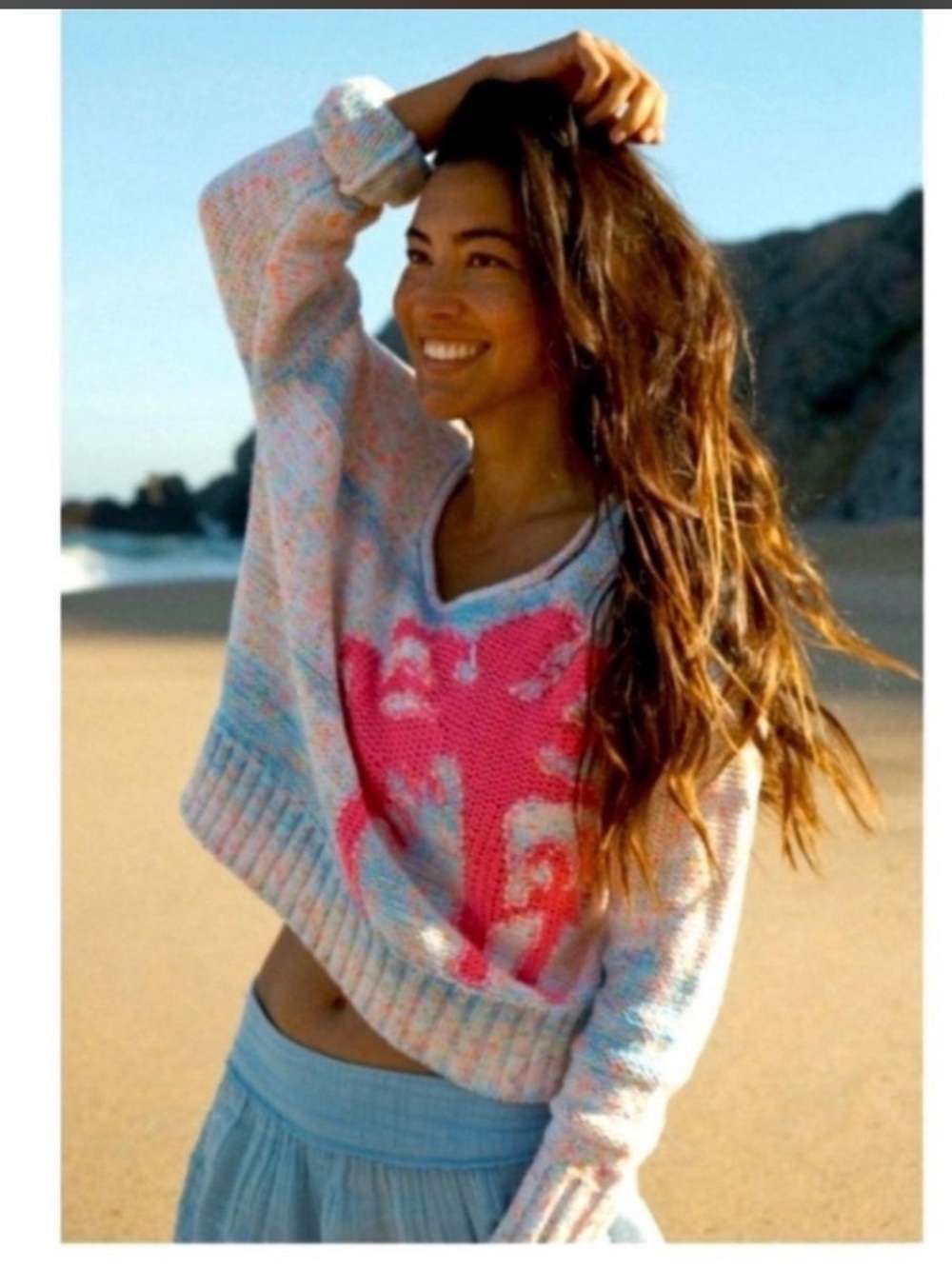 Anthropologie Multicolor Knit Scoop-Neck Sweater with Hot Pink Palm